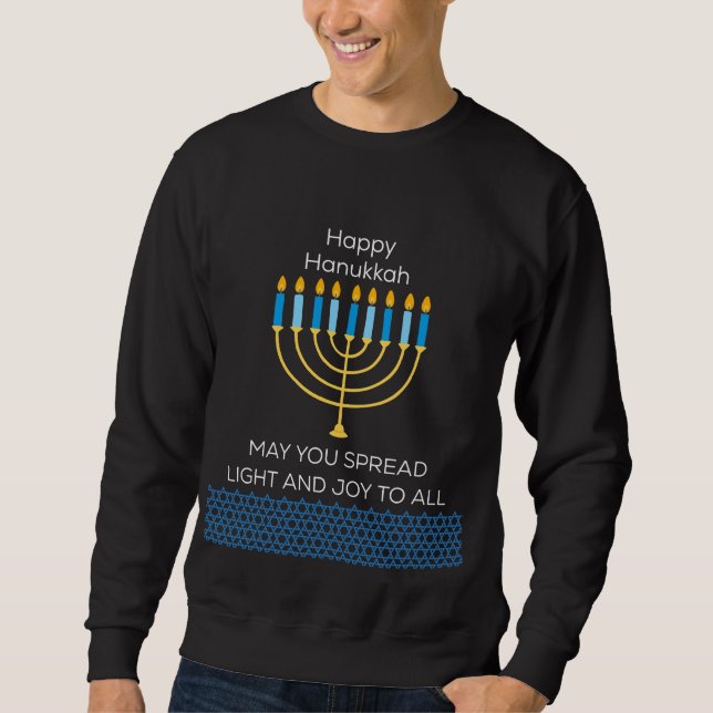 Rolig Glad Hanukkah Söt Blå Chanukah Unik Lång Ärmad Tröja (Framsida)