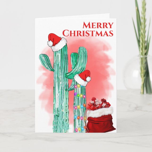 Rolig Glad Jul Sydväst Saguaro Kaktus Helgkort (Framsida)