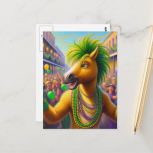 Rolig glad Mardi Gras-häst med grön man Vykort