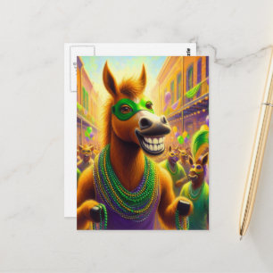 Rolig Glad Mardi Gras-häst Med Pärlor Vykort