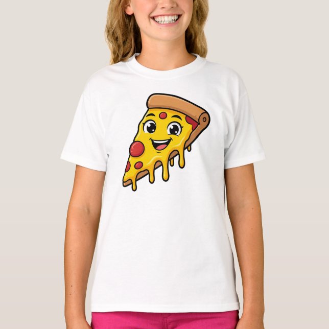 Rolig Glad Pizzabit med Stretchig Ost Söt  T Shirt (Framsida)