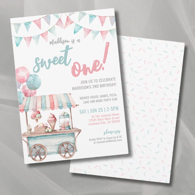 Rolig Glass Sommar 1-års Födelsedagsfest Inbjudningar (Fun Ice Cream Summer 1st Birthday Party Invitation)