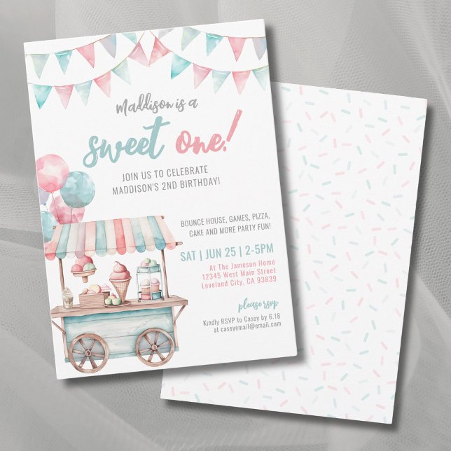 Rolig Glass Sommar 1-års Födelsedagsfest Inbjudningar (Fun Ice Cream Summer 1st Birthday Party Invitation)