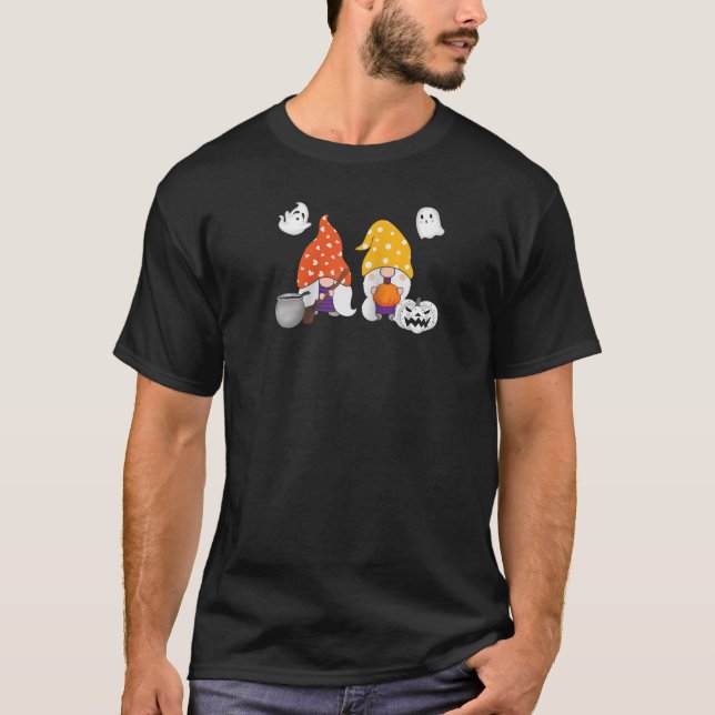 Rolig Gnome Halloween Med Pumpa Spöke Leopard D T Shirt (Framsida)