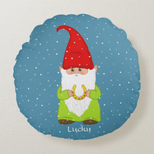 Rolig Gnome & Hästsko på Safirblå Rund Kudde