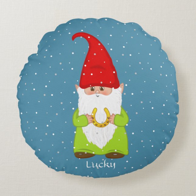 Rolig Gnome & Hästsko på Safirblå Rund Kudde (Framsidan)