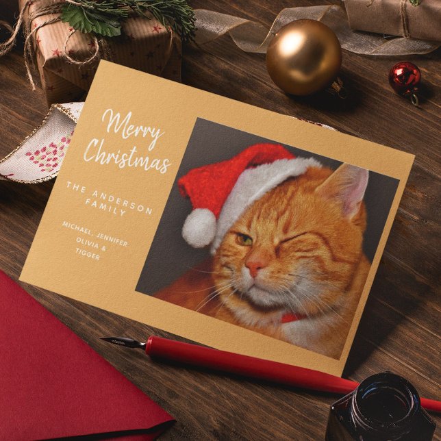 Rolig God Jul Orange Katt med Tomte Hatt Helgkort (Skapare uppladdad)