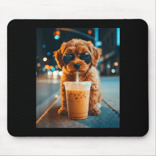 Rolig goldendoodle dricker iskaffe djur mem musmatta