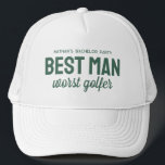 Rolig golf sängkammarparty bästa man sämsta golfar keps<br><div class="desc">För golf-temat sängkammarparty, få en rejäl skratt med denna personliga mössa perfekt för den bästa mannen. Mössan har texten "Bästa man sämsta golfare" men den gröna texten kan anpassas med din valda formulering. Hitta koordinerande sängkammarparty tillbehör och fler färger i samlingen Golf och ölutskänkning innan vi säger ja av Lea...</div>