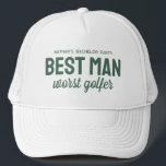 Rolig golf svensexa bästa man sämsta golfare keps<br><div class="desc">För golf-tema svensexa, få en god skratt med denna personliga hatt perfekt för den bästa mannen. Hattens slogan "Bästa man sämsta golfare" men den gröna texten kan anpassas med ditt val av formulering. Hitta koordinerande svensexa tillbehör och fler färger i Golf och ölbryggning före jag görs samling av Lea Delaveris...</div>