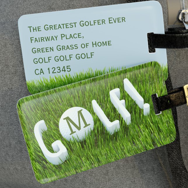 Rolig golfmonogram golfresor bagagetikett bagagebricka (Golf! And more golf - that's what I say! Add your initial to the golf ball and address on reverse)