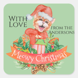 Rolig Goofy Katt Färgglad Meowy Jul Puns Julkort Fyrkantigt Klistermärke