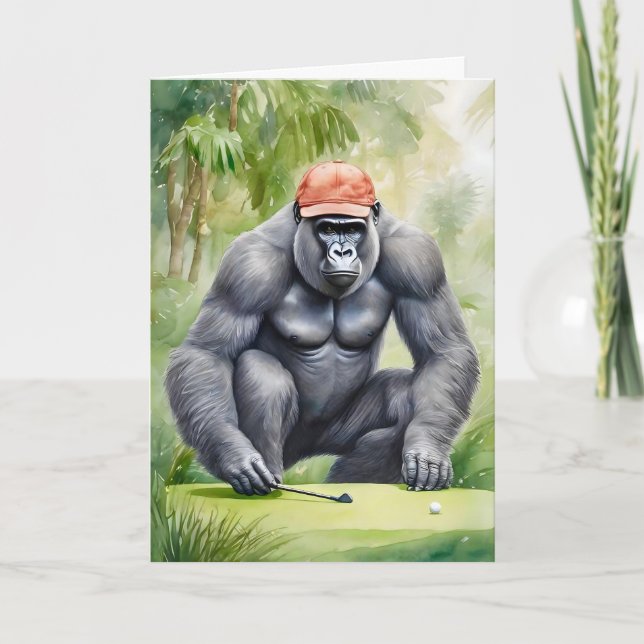 Rolig gorilla i röd basebollkåpa spelar golf  kort (Framsida)