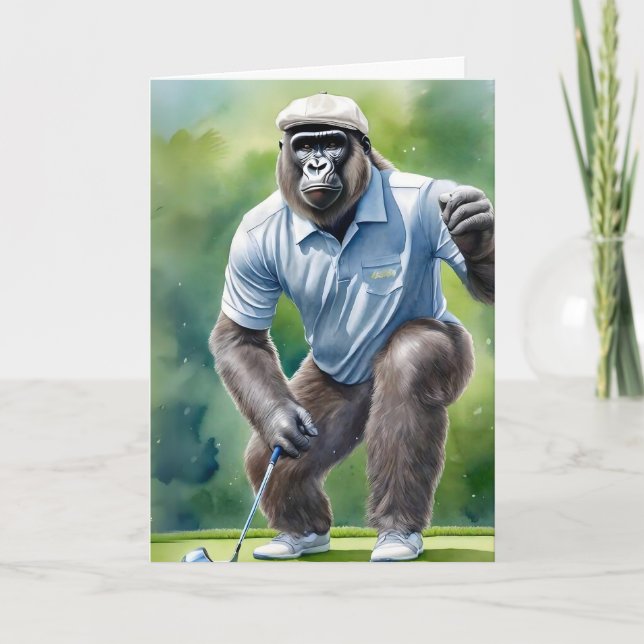 Rolig gorilla i tannhatt blå skjorta spelar golf kort (Framsida)