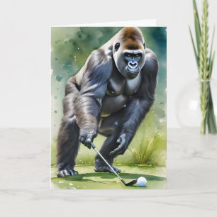 Rolig gorilla som spelar golf tom hälsning kort