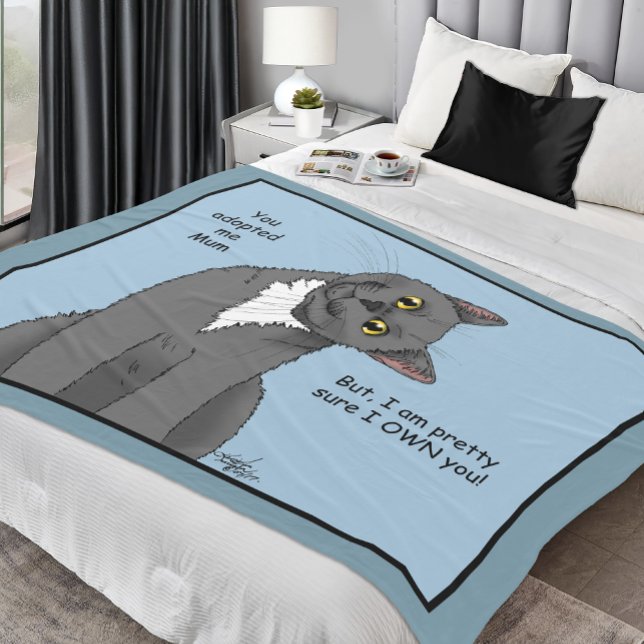 Rolig grå katt mammadagen blå fleecefilt (Skapare uppladdad)