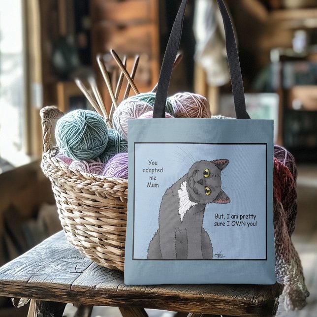 Rolig grå katt mammas dag blå tygkasse (Skapare uppladdad)