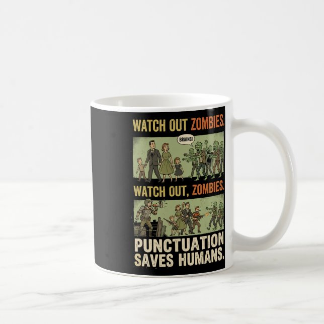 Rolig grammatik skiljer människor från zombie-te å kaffemugg (Höger)