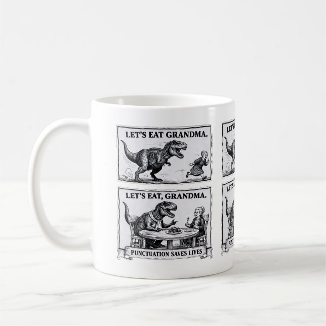 ☕ Rolig grammatikmugg – “Låt oss äta, mormor” Kaffemugg (Vänster)