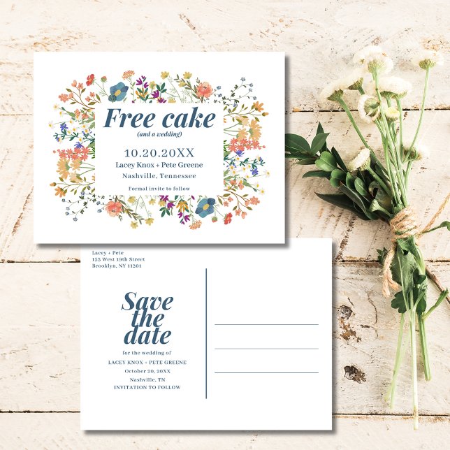Rolig Gratis Tårta Vildblomma Bröllop Spara Datum Meddelande Vykort (Wildflower Funny Free Cake Wedding Save the Date )