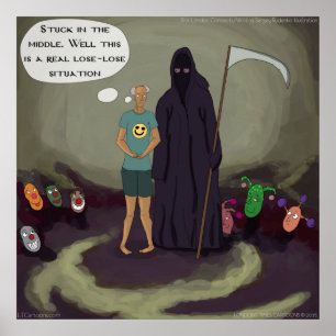 Rolig Grim Reaper & Clown Affisch Mitt Emellan