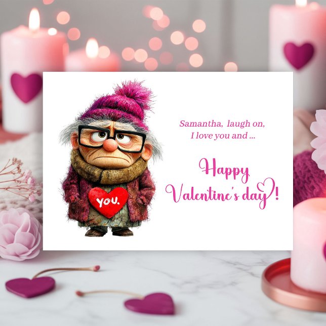 Rolig Grinig Dam som ger Sass Valentine Julkort (Funny Grumpy Lady Bringing Sass Valentine

)