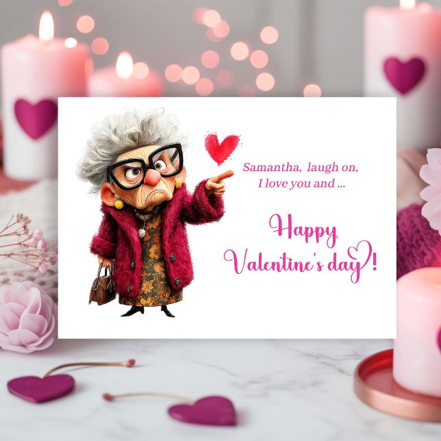 Rolig Grinig Dam som Gör Ansikten Alla hjärtans da Julkort (Funny Grumpy Lady Making Faces Valentine

)