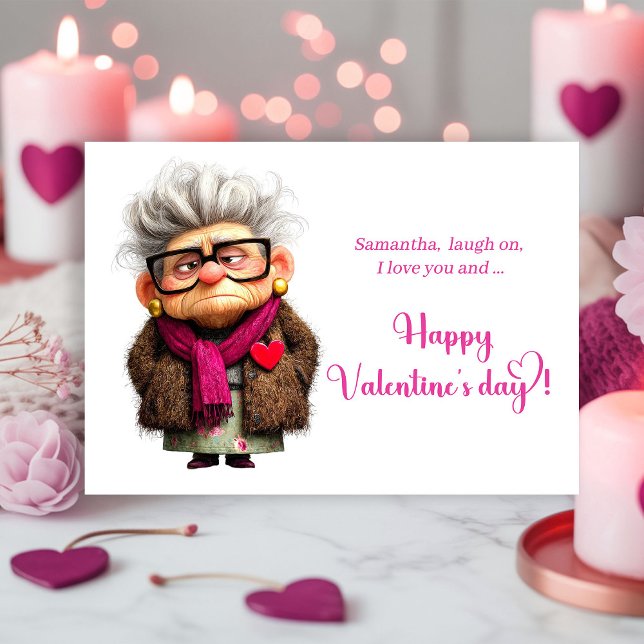 Rolig Grinig Dam Valentine-kort Djärv Rosa Konst Julkort (Funny Grumpy Lady Valentine Card Bold Pink Art)