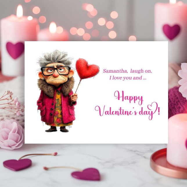 Rolig Grinig Dam Valentine-kort Ljus Färger Julkort (Funny Grumpy Lady Valentine Card Bright Colors)