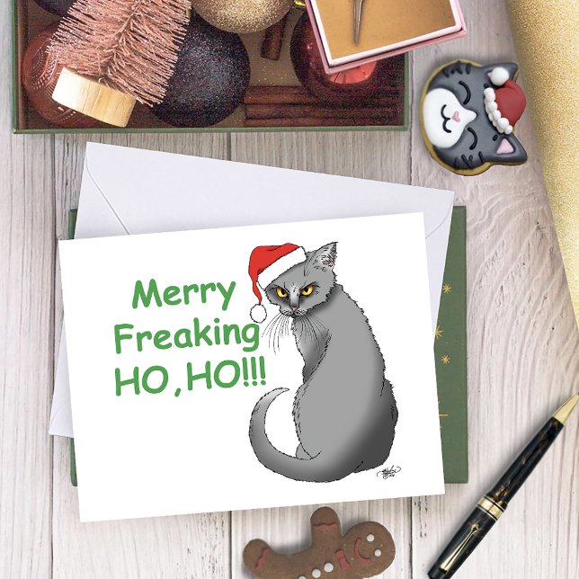 Rolig Grinig Jul Grå Katt Helg Humor Kort (Skapare uppladdad)