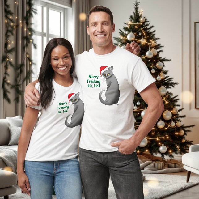 Rolig Grinig Jul Grå Katt Helg Humor T-shirt (Skapare uppladdad)