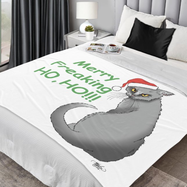 Rolig Grinig Jul Grå Katt Helgdag Humor Fleecefilt (Skapare uppladdad)