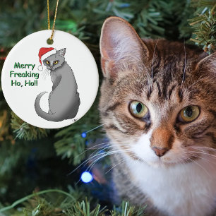 Rolig Grinig Jul Grå Katt Högtid Humor Julgransprydnad Keramik