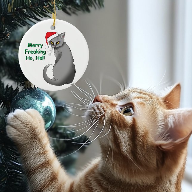 Rolig Grinig Jul Grå Katt Högtid Humor Julgransprydnad Keramik (Skapare uppladdad)
