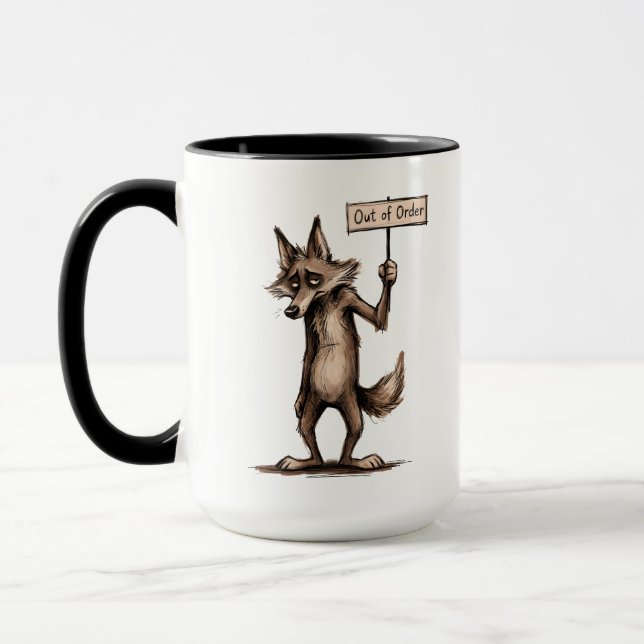 Rolig, grinig seriefigur av prärievarg som är ur f mugg (Vänster)
