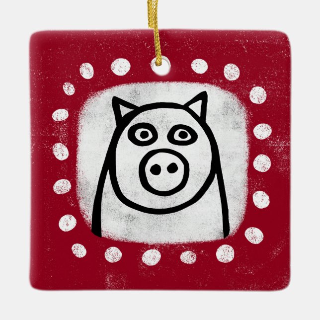 Rolig gris på röd ornament (Framsida)
