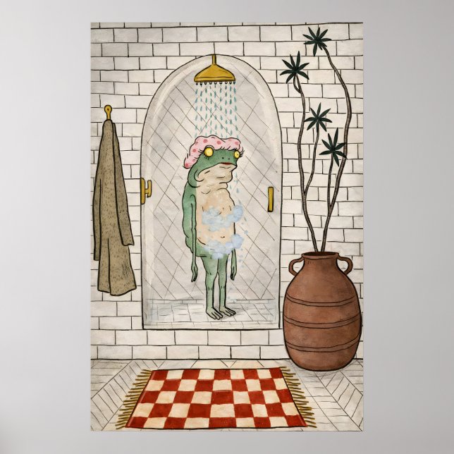 Rolig Groda Dusch Affisch, Retro Whimsical Badrum Poster (Framsidan)