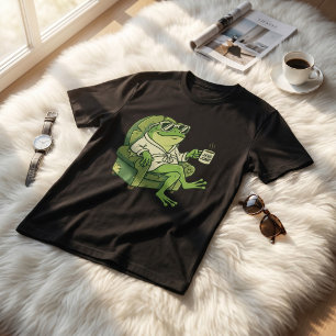 Rolig Groda som Dricker Kaffe Söt Tecknad Design T Shirt