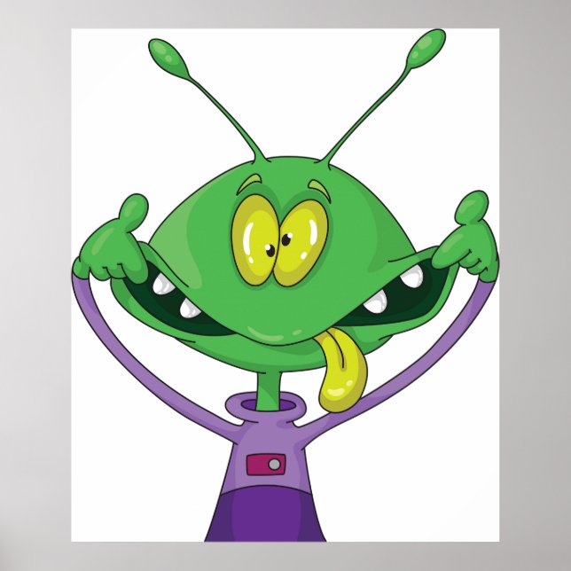 Rolig Grön Alien Gör Dumma Ansikte Poster (Framsidan)