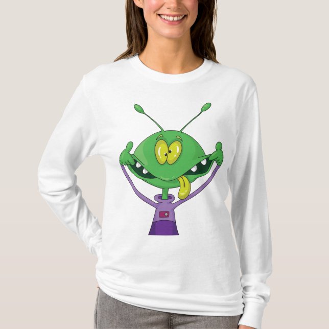 Rolig Grön Alien Gör Dumma Ansikte T Shirt (Framsida)