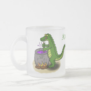 Rolig grön alligator tecknad film som lagar mat frostad glasmugg