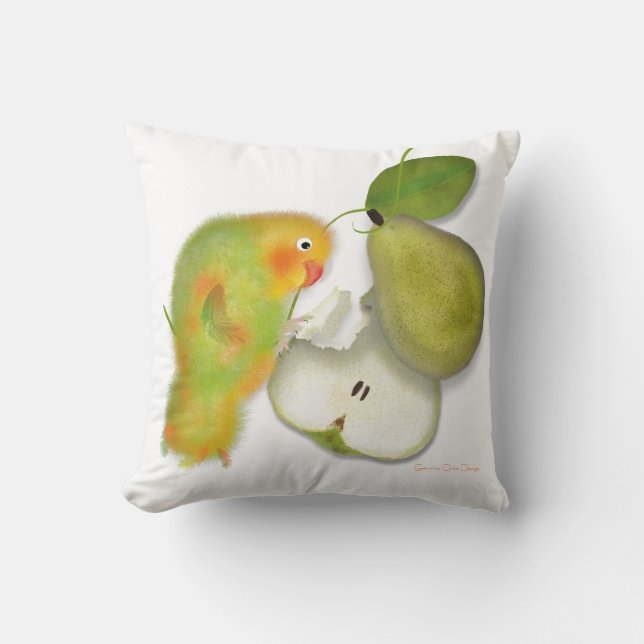 Rolig grön dvärgparakit, papegoja med päron. kudde (Framsida)
