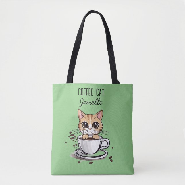 Rolig Grön Kaffe Katt Tygkasse (Framsida)