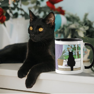 Rolig Grön Nyfiken Svart Katt Fönster Mugg