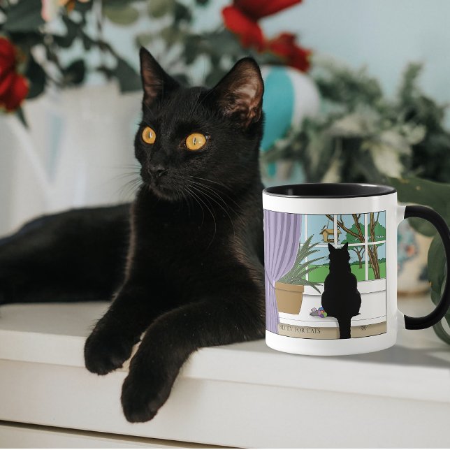 Rolig Grön Nyfiken Svart Katt Fönster  Mugg (Skapare uppladdad)