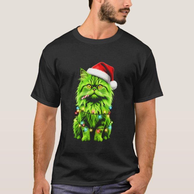 Rolig Grön Perserkatte Julbelysning Tomtehatt T Shirt (Framsida)