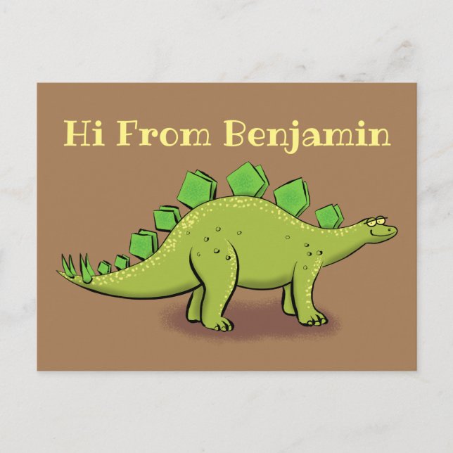 Rolig grön stegosaurus dinosaurie tecknad film vykort (Framsida)