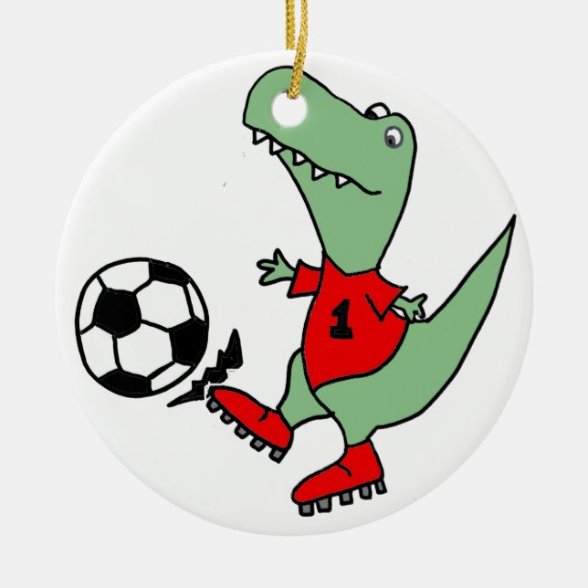 Rolig grön T-rex Dinosaur som leker fotboll Julgransprydnad Keramik (Framsidan)