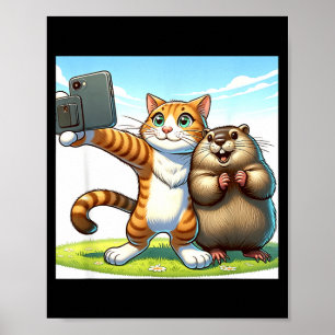 Rolig Groundhog Day Katt Tar Selfie Med Murmeldjur Poster
