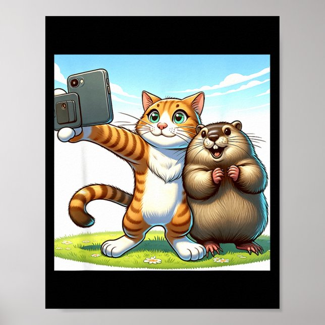 Rolig Groundhog Day Katt Tar Selfie Med Murmeldjur Poster (Framsidan)